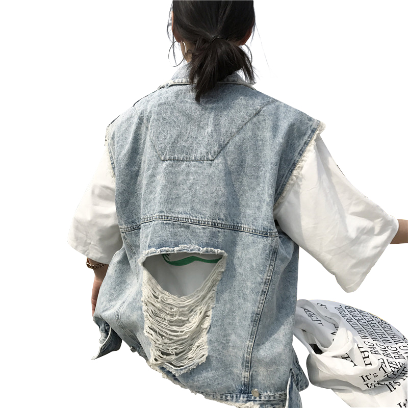 phiên bản Hàn Quốc phụ nữ mùa xuân của lỗ cá tính làm woolside cũ lỏng denim jacket tay sinh viên áo khoác vest