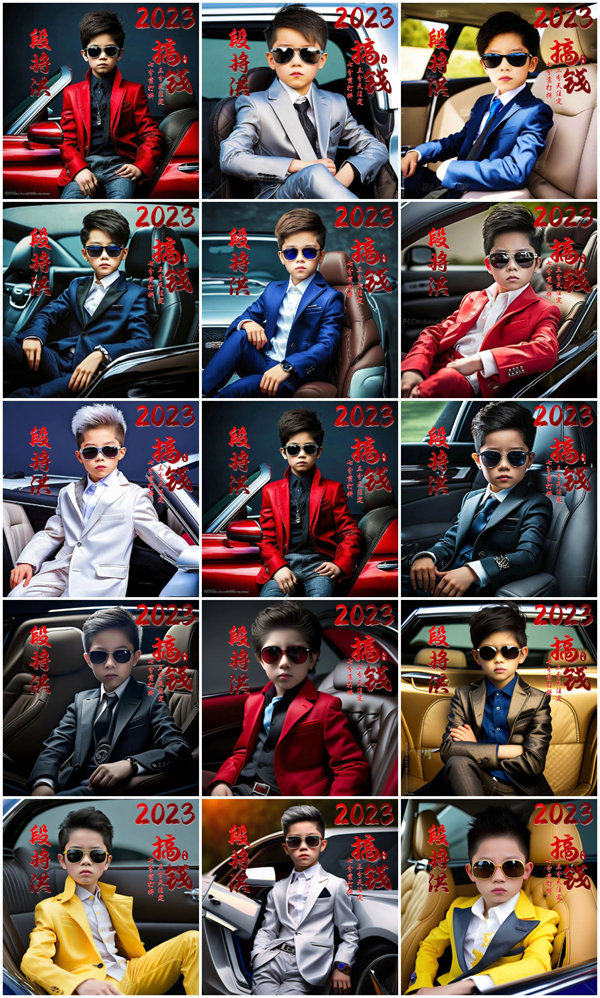 编号15 2023 搞钱文字+卡通墨镜男孩+姓名