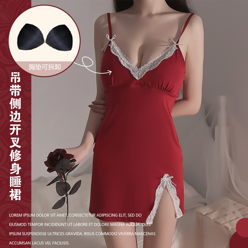 Sexy pajamas sexy split deep V with chest pads slim fit hot chest small gathered women's summer suspender nightdress