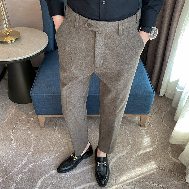 Autumn and Winter Thickened Warm Wool Men's Slim-Fit Casual Trousers Korean Style Brushed Versatile Suit Pants