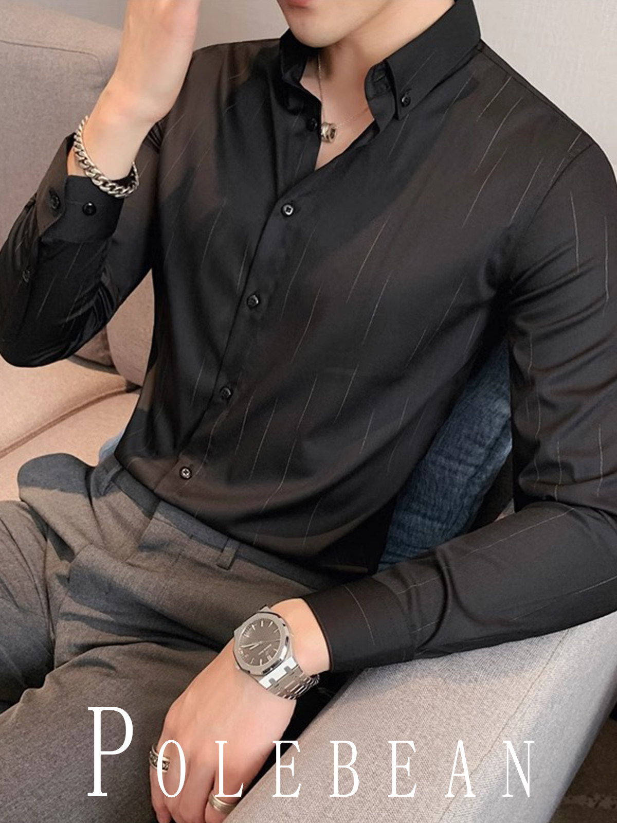 New High-End Professional Solid Color Commuter Long-Sleeved Shirt for Men, Versatile Business Casual Inner Wear, Stretchy Men's Shirt
