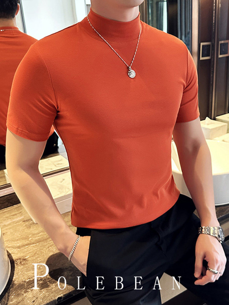 Korean Style Summer Solid Color Half-High Collar Base Shirt for Men, Slim Fit, Orange-Red Mid-High Collar Summer and Autumn Short-Sleeve T-Shirt