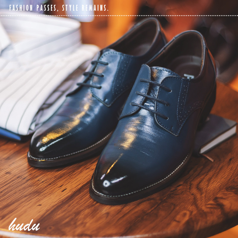 Men's Leather Shoes, Business Formal Wear, Genuine Leather, Black, Korean Style, British Casual, Round Toe, Height-Increasing, Brogue, for Teenagers