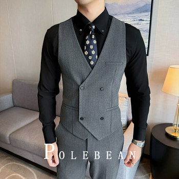 Medium Gray Suit Vest Set for Men, Korean Style Slim Fit Vest, Suitable for Host, Groom, Wedding, Groomsmen, Formal Attire, Brotherhood Group, Work