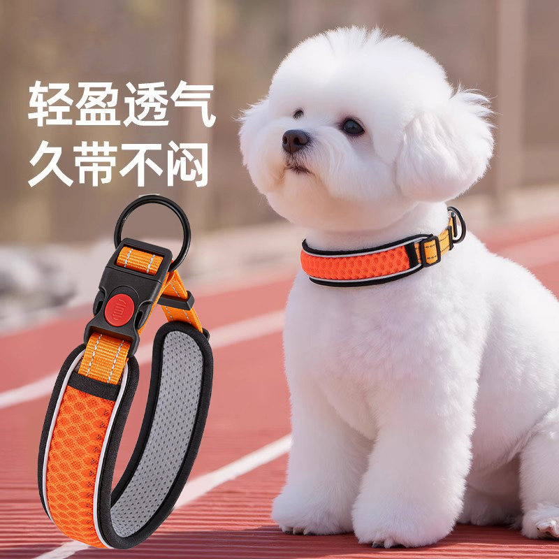 首輪型の犬用リード。通気性に優れ、首への刺激が少なく、ビション・フリーゼなどの小型犬から中型犬に適しています。