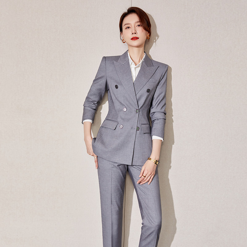Spring Gray Professional Suit Set for Women, Fashionable and Elegant Double-Breasted Blazer for Interviews, Commuting, and Business Formal Wear