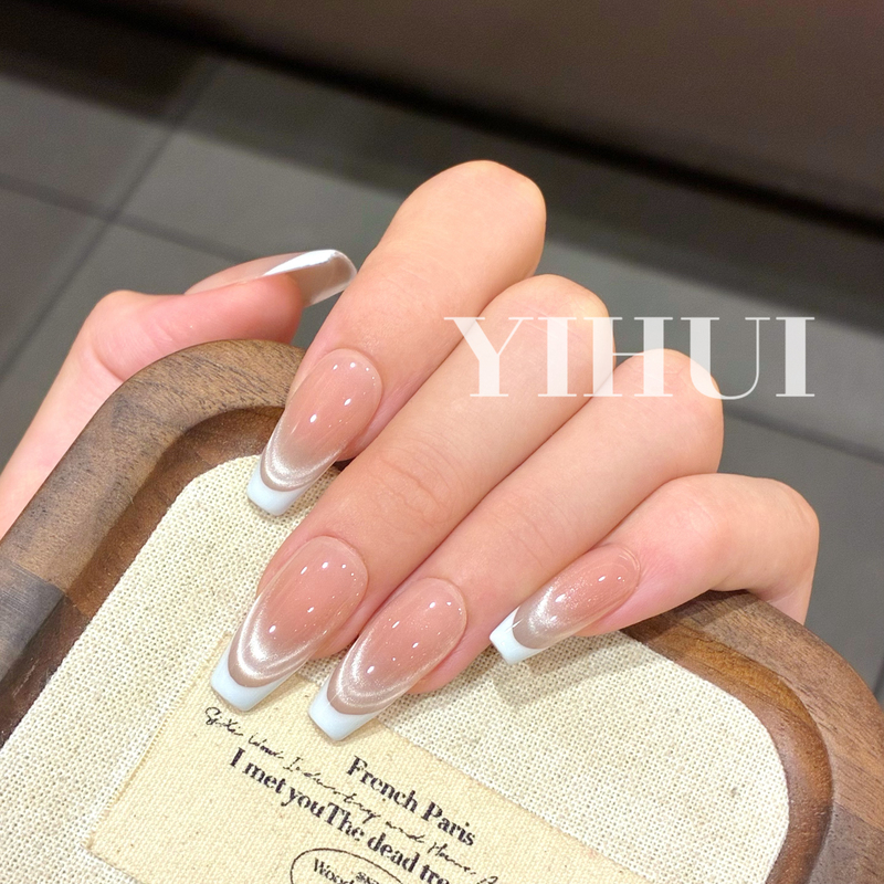 (Baby Blue French Style) Elegant French Manicure with Cat Eye Design, Brightening and Elegant Detachable Handmade Wearable Nails