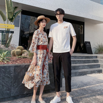 Niche design sense couple dress summer dress Korean short sleeve T-shirt V-collar popular waist floral skirt temperament dress long dress