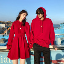 New year couple dress red sweatshirt women 2020 spring dress Korean hooded loose long sleeve coat tide