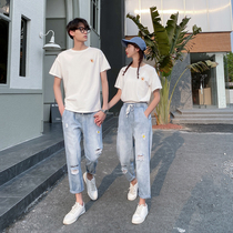 Couples nine-point jeans for men and women Korean version of loose Joker thin straight pants summer short sleeve T-shirt set tide