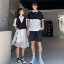Niche design sense couple dress summer new Korean version polo collar short sleeve T-shirt vest dress two-piece tide