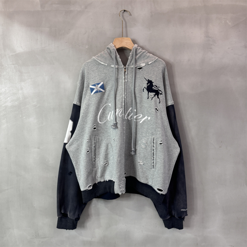 Grailz Project Gr Trendy Brand War Horse Embroidery Distressed Zipper Cardigan Hoodie Sweatshirt Jacket