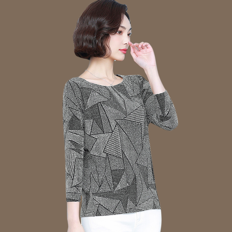 Bright silk blouse women glitter silk 2021 spring new round neck long-sleeved foreign high-end middle-aged mother T-shirt T-shirt