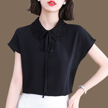 Black silk top women's short-sleeved 2021 summer new fashion high-end solid color satin small shirt foreign style shirt