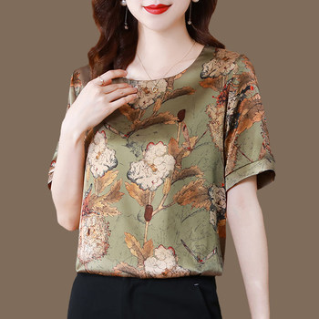 Mother's wear fragrant cloud yarn silk shirt women's 2021 summer new retro printing round neck short-sleeved mulberry silk shirt