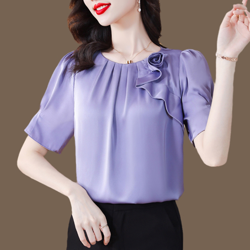 Heavy Satin Age-Reducing Silk Shirt for Women, 2026 Summer New Fashion Solid Color Ladies' Elegant Short-Sleeved Shirt