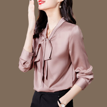 Bow-knot shirt women's 2021 autumn new solid color satin temperament small shirt high-end silk mulberry silk top