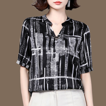 Black silk shirt women's 2021 summer new style V-neck short-sleeved printed satin mulberry silk mother shirt