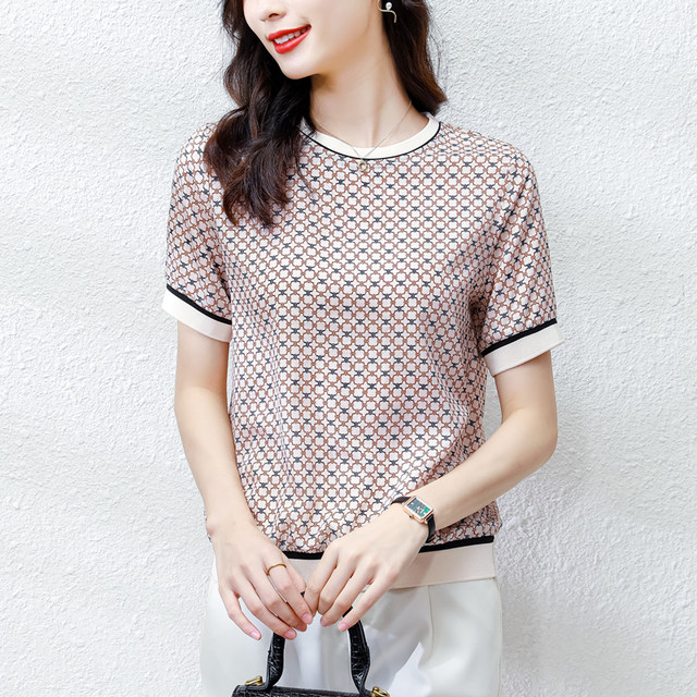 Silk T-shirt women's 2021 summer new short-sleeved round neck loose and thin printing simple casual mulberry silk top