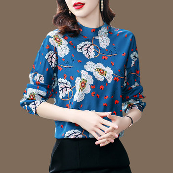 High-end silk shirt women's 2021 autumn new stand-up collar floral long-sleeved slim slim mulberry silk shirt