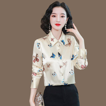 Heavyweight silk shirt women's long-sleeved 2021 autumn new printing large size slimming professional wear mulberry silk bottoming top