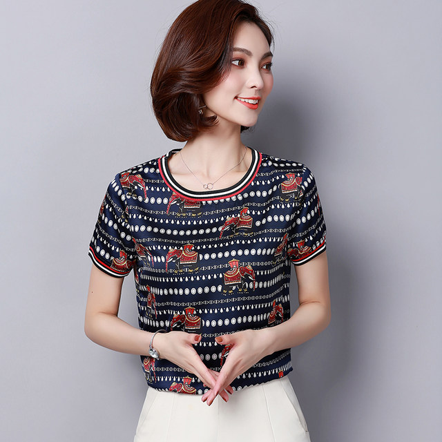 Mulberry silk small shirt foreign style t-shirt 2021 summer new fashion foreign style printed silk short-sleeved mother top women's