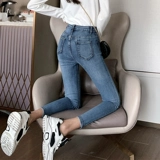 Демисезонные джинсы, эластичные приталенные флисовые штаны, высокая талия, в обтяжку