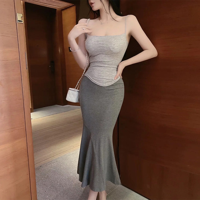 Pure Desire Hot Girl Suit Dress Royal Sister Fishtail Skirt Long Skirt Grey Sexy Summer Women's Two-piece Set