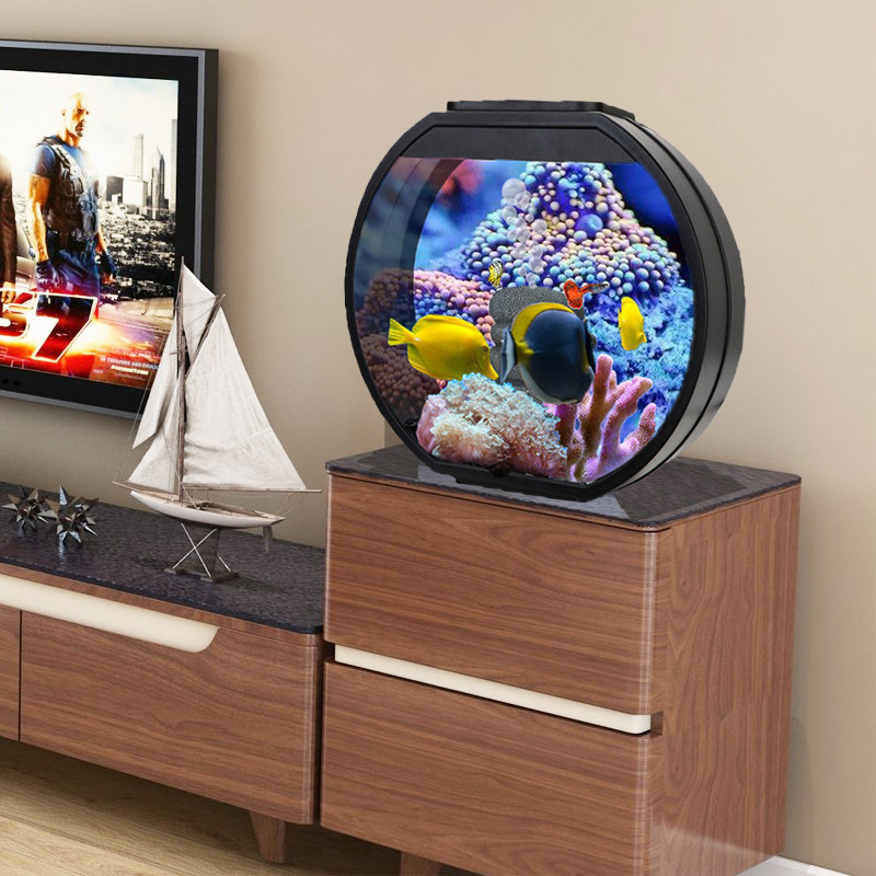 Fish Tank Small Living Room Home Tabletop Round Glass Eco Sloth VIEW FREE AQUARIUM CREATIVE GOLD FISH TANK