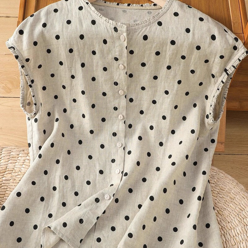 Japanese Style Polka Dot Linen Sleeveless Shirt Women's Summer Retro Elegant Fungus Vest Classy Cotton and Linen Waistcoat Top Japanese Style Polka Dot Linen Sleeveless Shirt Women's Summer Retro Elegant Fungus Vest Classy Cotton and Linen Waistcoat Top
