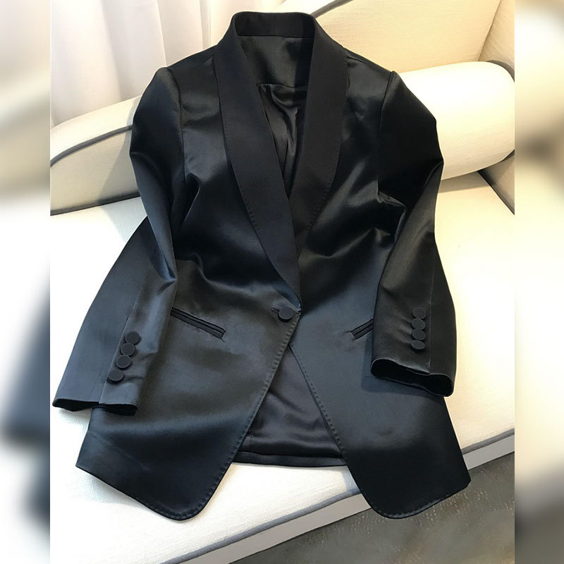 Spring and Autumn New Acetate Blazer for Women, Casual Black Plus Size Slimming Vintage Mid-Length Satin Suit