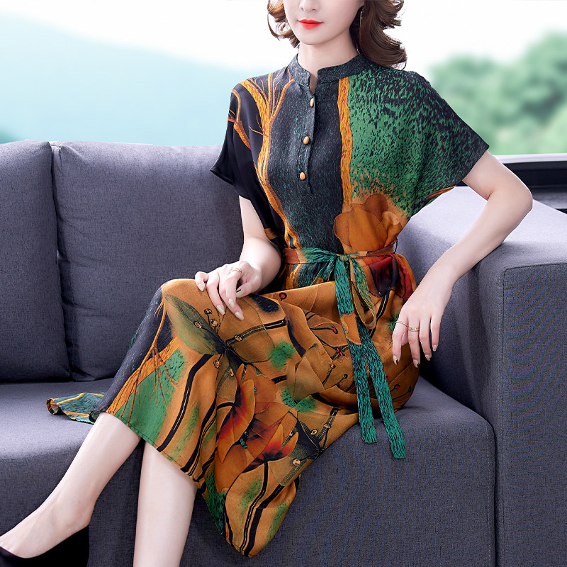 Heavy xiangyun yarn dress large size cover belly noble lady age reduction mother silk skirt 35 years old a 45 women's summer