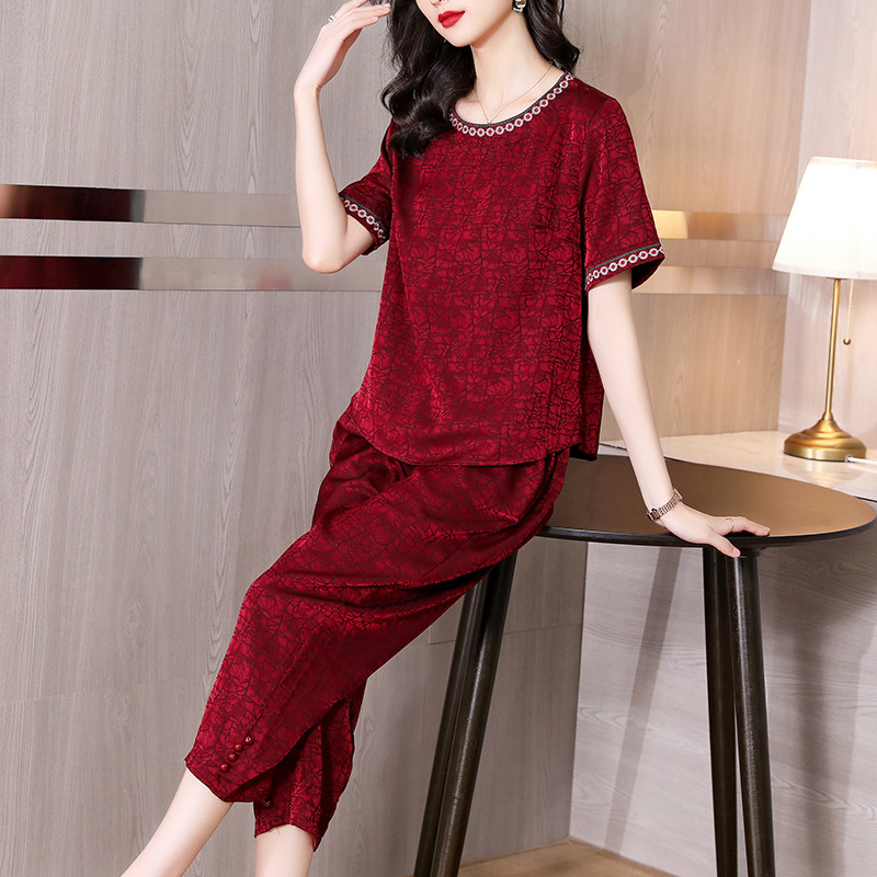 True silk scents cloud yarn Two sets of broadlegged pants Mom Reduced Age Suit 2022 New Female Summer Fashion High-end Foreign Pie