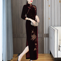 Golden Velvet Qipao Dress Dress Noble Foreign Air Autumn And Winter Female Mother Wedding Dress High-end Happy Mother-in-law Wedding Banquet Dress Elegance