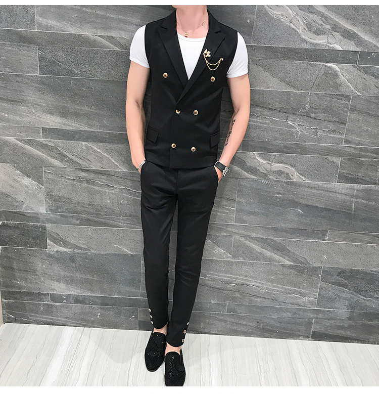 Mùa hè mỏng tay áo vest phù hợp với nam triều Hàn phiên bản Hàn Quốc tự may vest đôi ngực trẻ trung đẹp trai set quần 9 - Dệt kim Vest vest nam hàn quốc
