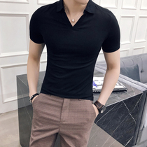 int-shirt male half sleeve fashion 100 lap pure color V neckline short sleeve 2022 spring summer yuppie handsome casual net red blouse