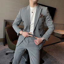 Temperament double-breasted small suit mens fat coat Korean English style slim suit suit