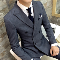 Professional dress mens double-breasted suit three-piece trendy ruffle handsome British style slim suit jacket groom dress