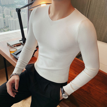 Low collar knitwear men long sleeve trend Korean Spring Autumn Winter v neck sweater men slim fit Joker solid color base shirt