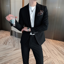 Two-piece mens suit suit suit slim solid color suit jacket Tide handsome English style large size groom wedding dress