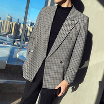 Double-breasted jacket mens Korean version of micro-loose autumn and winter long suit jacket Chirodou wool blend suit tide