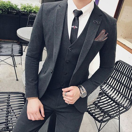 Suit suit men's three-piece casual large-size suit jacket slim Korean version formal dress groom ruffian handsome wedding dress