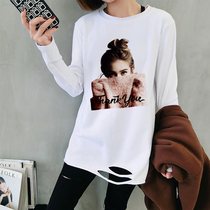 Character loose middle length white long sleeve t-shirt female spring autumn dress 2022 new Korean version Broken Hole Blouse