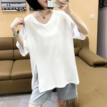 Nice cotton ice cool summer short sleeves women 2022 new 100 hitch loose white undershirt hem with a fork t-shirt woman