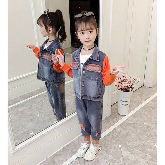 ຊຸດ denim ເດັກຍິງ, ເຄື່ອງນຸ່ງລະດູໃບໄມ້ປົ່ງແລະດູໃບໄມ້ລົ່ນໃຫມ່, ສະບັບພາສາເກົາຫຼີສໍາລັບເດັກນ້ອຍ, ຄົນອັບເດດ: ເດັກນ້ອຍ stylish ຄົນອັບເດດ: ເດັກນ້ອຍຊຸດສອງສິ້ນ, trendy