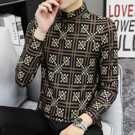 Long-Sleeve T-Shirt for Men, Trendy Ins Style, Inner Layer Autumn Clothing, Korean Version, German Velvet, Half-High Collar Top, Autumn Men's Base Shirt