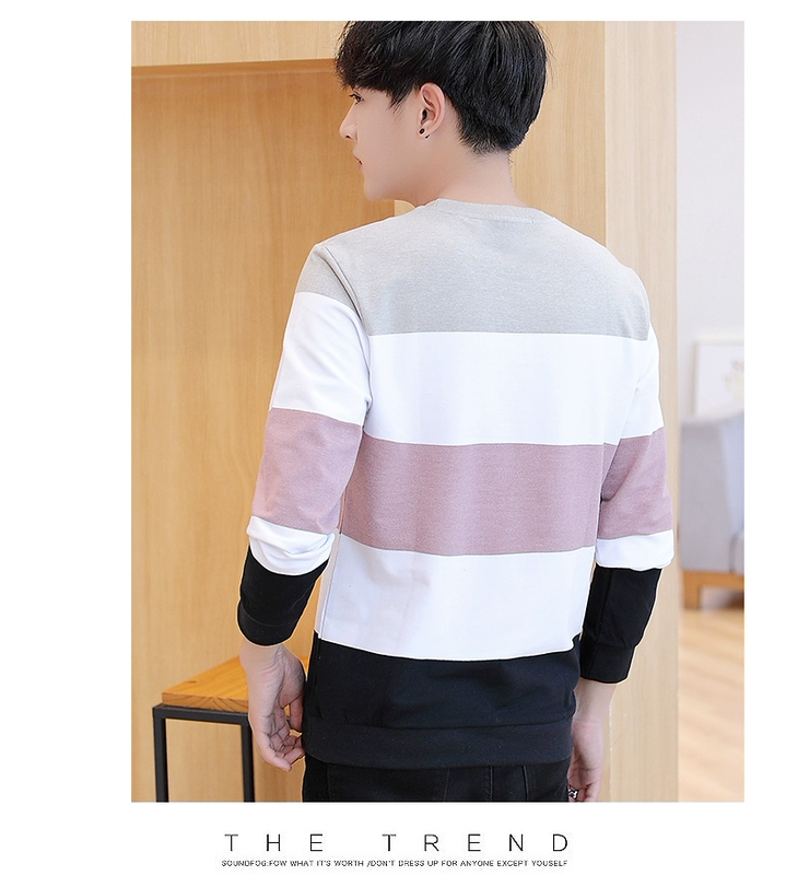 Áo len nam mùa thu đông 2019 Phiên bản Hàn Quốc của áo len mỏng mới xu hướng nam cổ tròn áo thun sọc nam - Kéo qua