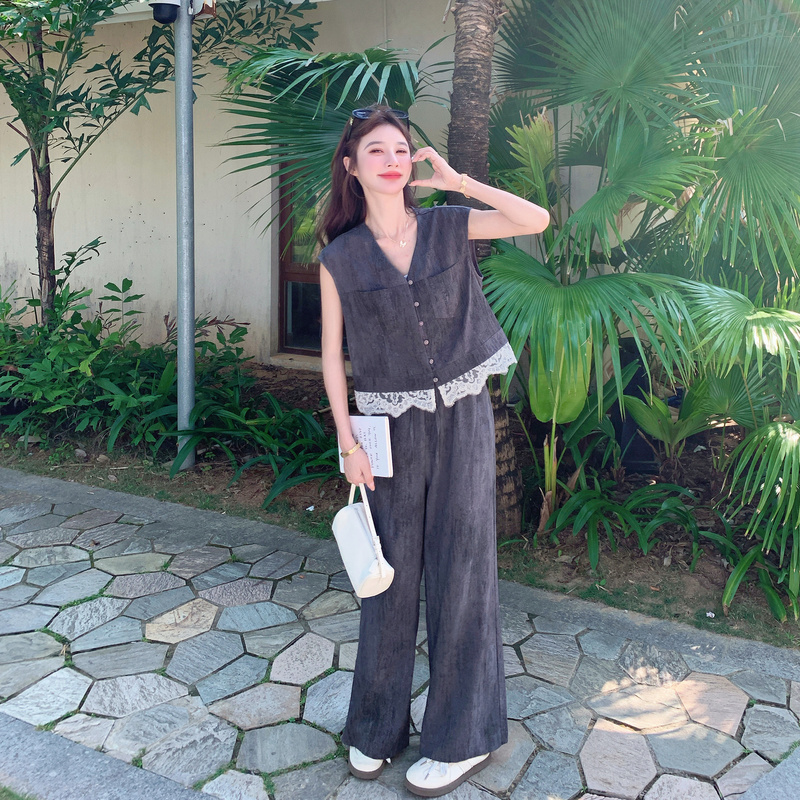 Dark Gray Tie-Dye Lace Patchwork Vest Suit for Women, Summer 2026 New Style, Complete Set with Wide-Leg Pants, Two-Piece Set