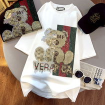 White Short Sleeve T Shirt Woman 2022 New Spring Summer Loose Medium Long Reworked Insert Drilling Printed Half Sleeve Blouse