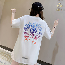 White T-shirt woman 2022 Summer new printed Sanskrit cross in long style Loose Pure Cotton Short Sleeve Blouse